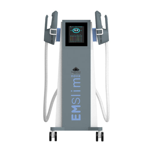 Aparat Electromagnetic Tesla EMS Sculpt HI-EMT si RF Remodelare corporala, Creare Masa Musculara, Tonifiere Abdomen, 2 Manipuli, Slabire intensiva