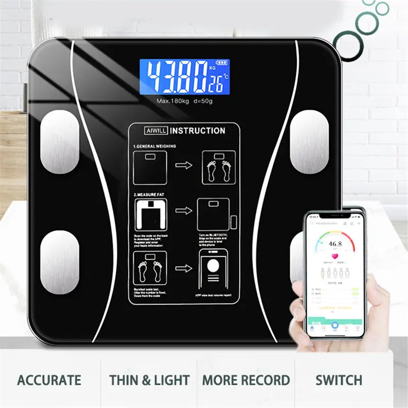 Cântar digital inteligent de cântărire a grăsimii corporale Smart Afișaj digital LCD și LED, 180Kg,